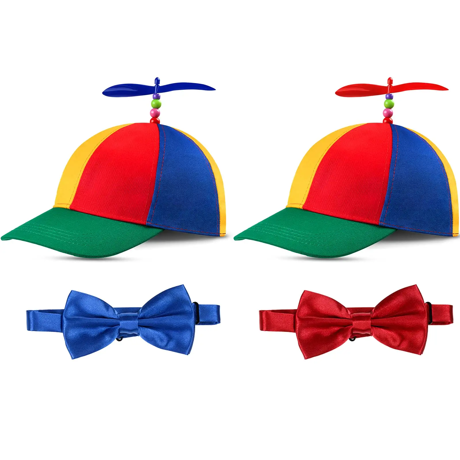 大人のプロペラヘリコプター帽子調節可能なレインボーカラー野球帽調節可能な長さのサテン蝶ネクタイ付きの面白いピエロ帽子
