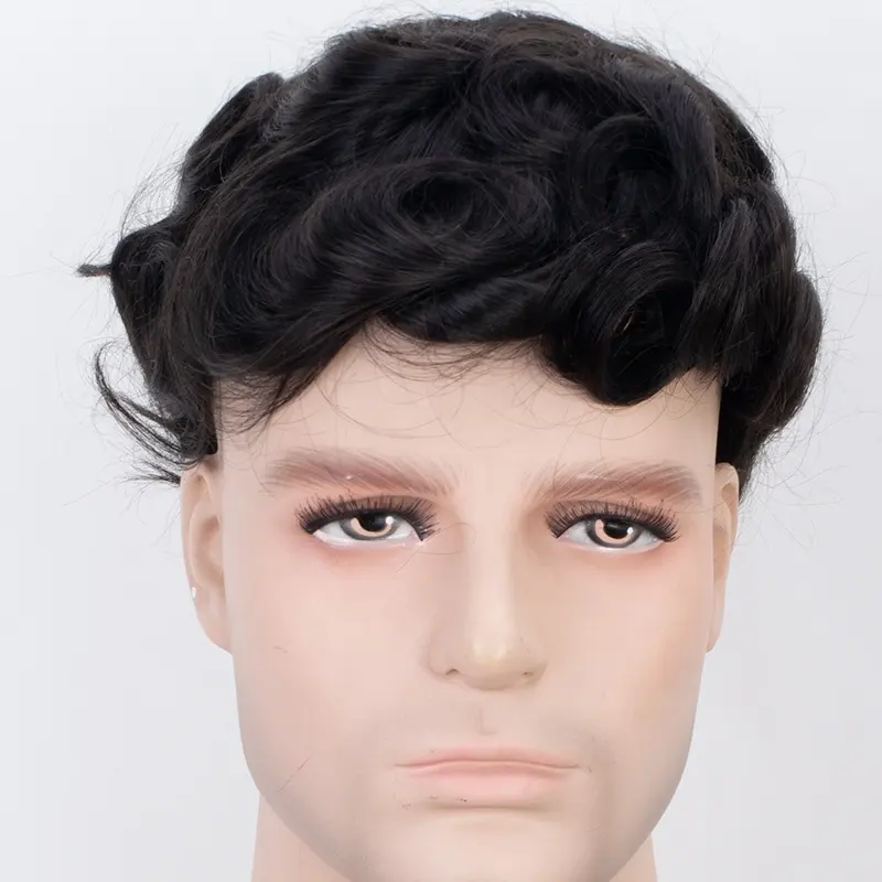Peluca de cabello humano europeo para hombre, tupé perimetral de PU, Color negro, 9x7, 1B