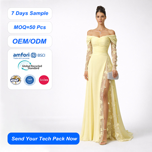 <span class=keywords><strong>Vestido</strong></span> <span class=keywords><strong>de</strong></span> <span class=keywords><strong>Noche</strong></span> Elegante SHENGFU con Hombros Descubiertos, Apliques Florales Amarillos, Manga Transparente, Abertura Alta, <span class=keywords><strong>para</strong></span> Eventos y Fiestas, con Bordado <span class=keywords><strong>de</strong></span> Encaje - Product Image 1