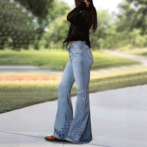 Women's Wide Leg High <b>Elastic</b> Embroidered <b>Jeans</b> Light Blue European And American Sizes S M L XL XXL - Product Image 1
