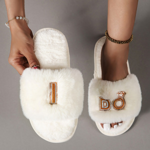 Pantuflas de boda para mujer, novia, dama de honor, hago diapositivas, piel de conejo sintética, suela antideslizante, regalo de boda, zapatillas deslizantes con los dedos abiertos