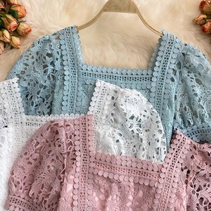 Top court à manches bouffantes en dentelle ajourée, style niche M <span class=keywords><strong>L</strong></span> Design Sense, <span class=keywords><strong>haut</strong></span> féminin taille haute et girly - Product Image 6
