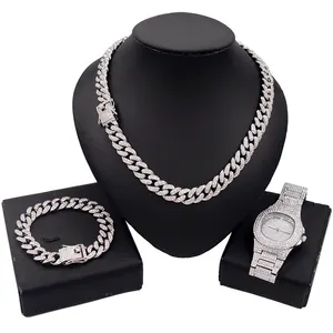 Yulaili Hip Hop Style Silver Kuba Rantai Gypsophila Watch Set Pria Wanita Universal Kuba Kalung Gelang Perhiasan Set