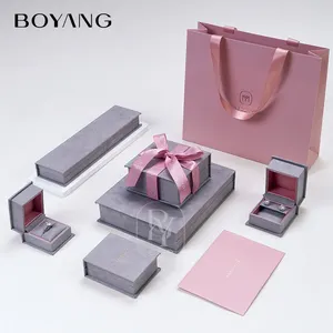 Custom Luxury Grey Ring Earring Bracelet Necklace Gift Packaging Velvet Jewelry Box Set
