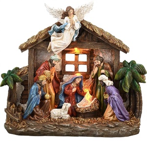 Statuine del Presepe di Natale Valery Madelyn con Luci LED, Set Sacra Famiglia in Resina Rossa e Oro per Interni, Casa, Tavolo/Camino - Product Image 1