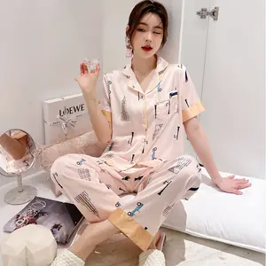 Leke pijama kısa kollu baskı pijama Suit kadınlar yeni kıyafeti 2 adet uyku seti samimi iç çamaşırı saten pijama Loungerwear