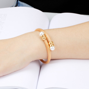 Women's Elastic <b>Bracelet</b> 4Mm Imitation Pearl Titanium Steel Three Color Fashion Jewelry Gift - Product Image 3