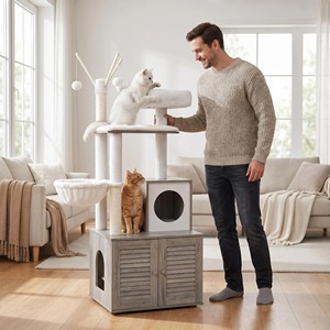 Lussuoso Tiragraffi per <span class=keywords><strong>Gatti</strong></span> in Legno con Lettiera Integrata, 140 cm di Altezza, con Amaca e Cuccia - Sicuro, Durevole, Arredo per Interni - Product Image 1