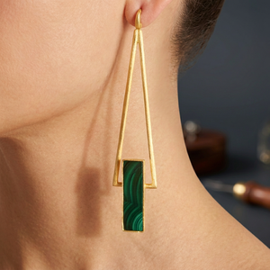 Boucles d'oreilles pendantes tendance pour femmes, en laiton plaqué or, avec pierre précieuse en malachite - Product Image 4