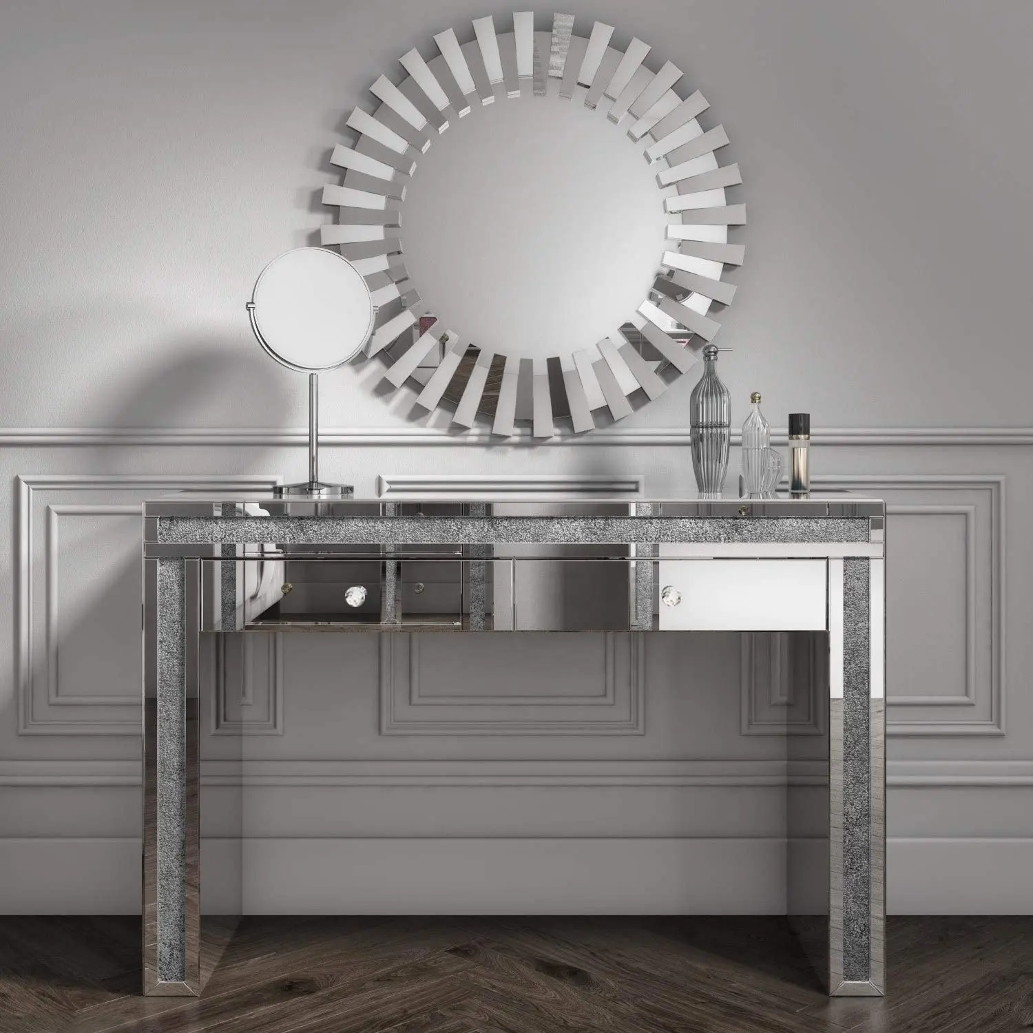 Tavolo da consolle a parete con specchio a specchio lungo in argento contemporaneo di lusso con specchio
