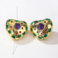 Composants de bijouterie plaqués or 18 carats, breloque cœur ovale bombé avec améthyste au centre et accents de zircon vert et rouge, en métal pour la création de bijoux DIY