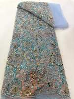 Tissu en dentelle perlée avec strass brodés et motifs floraux pour robes de mariée nigérianes africaines - Textile de luxe
