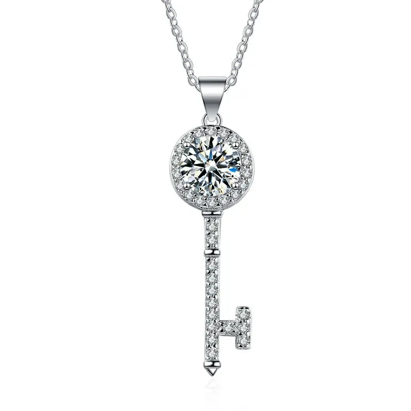 Women's Sterling Silver 925 Moissanite Key to Love pendant Necklace elegant Key necklace for Anniversary girlfriend sister