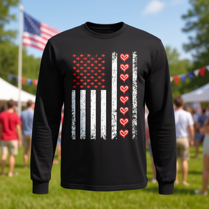 Maglietta a Maniche Lunghe con Bandiera Americana e Cuori, Unisex, Girocollo, Stampa Digitale, Promozionale per Adulti - Product Image 3