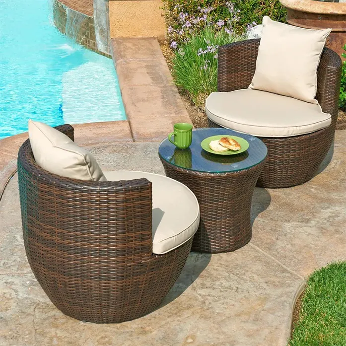 현대적인 디자인 야외 쌓을 수있는 안뜰 정원 안뜰 가구 등나무 테이블과 의자 세트 발코니