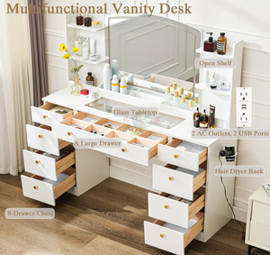 Table de toilette blanche de 55 pouces avec miroir et éclairage, <span class=keywords><strong>9</strong></span> <span class=keywords><strong>tiroirs</strong></span> et 6 compartiments de rangement, bureau de maquillage pour chambre à coucher avec prise électrique - Product Image 3