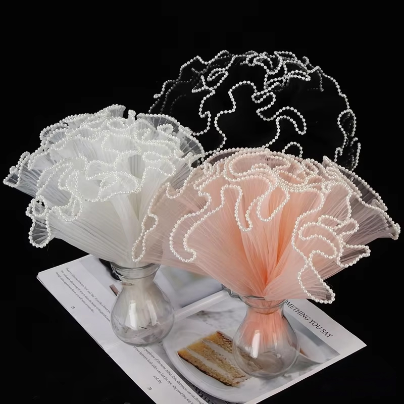 Korean pleated pearl wave gauze style paper flower bouquet floral pleated lace mesh rose bouquet packaging waterproof gauze