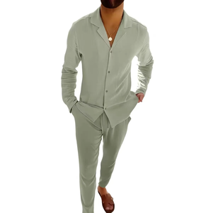 Completi da <span class=keywords><strong>uomo</strong></span> <span class=keywords><strong>in</strong></span> <span class=keywords><strong>lino</strong></span>, primaverili/autunnali, casual, con camicia a maniche lunghe e pantaloni, set due pezzi, <span class=keywords><strong>abbigliamento</strong></span> <span class=keywords><strong>uomo</strong></span> alla moda. - Product Image 1
