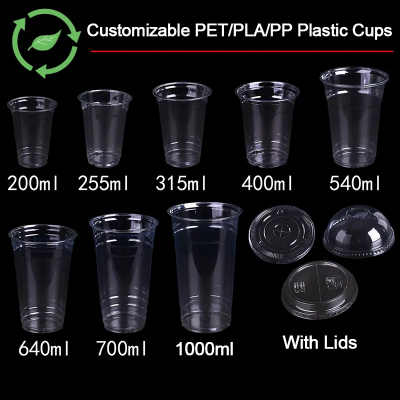 Eko dostu tek kullanımlık % plastik bardak Compostable biyobozunur temizle PLA PET PP plastik bardak kapaklı bardak