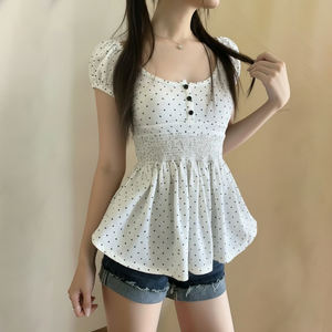 Camiseta de manga corta con cuello redondo y lunares para mujer, top de punto con corte en A, camiseta informal de moda de verano - Product Image 2