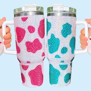 40Oz Stainless Steel Rhinestone Cow Print Tumbler With Handle and Straw Beer Mug Water Bottle for <b>Hot</b> Cold <b>Drinks</b> - Product Image 1