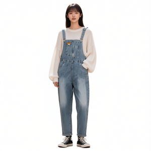 N067 Salopette in denim da donna a vita media, vestibilità ampia, in cotone lavato, stile casual primaverile con tasche - Product Image 1