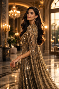 فستان سهرة فاخر بأكمام طويلة مزين بالخرز على شكل حورية البحر مع كريستال وزهور لحفلات السهرة - Product Image 5