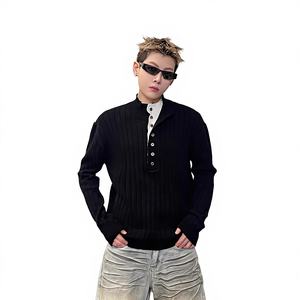 Suéter de Punto con Cuello Henley de Dos Piezas para Hombre, Suéter Holgado con Cuello Medio Alto Acanalado para Otoño e Invierno, Camiseta Interior - Product Image 1