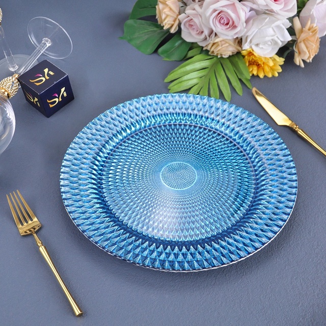 Royal Blue Glass Charger Plates With Embossed Diamond Grid Round Underplate for Wedding & Event Table Decor