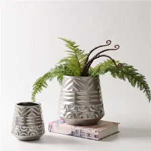 Wholesale Luxury Embossed Design Full Matt Silver Plating Garden Wedding Decoration Ceramic Flower Pot