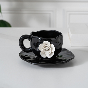 New Product Handmade Flower <b>Ceramic</b> Coffee Mug Black Aesthetic <b>Ceramic</b> <b>Cup</b> with Saucer - Product Image 3
