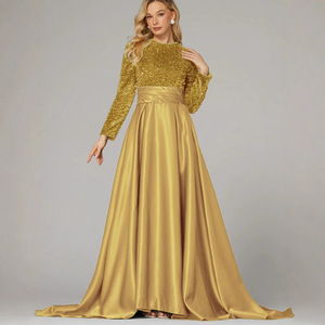 Robe de soirée longue à manches longues et col haut en sequins dorés, robe de soirée formelle pour femmes, jupe en satin longue, tenue élégante pour banquet - Product Image 1