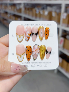 SHUANGYU <span class=keywords><strong>Uñas</strong></span> Postizas Acrílicas Hechas a Mano con Diseño de Leopardo <span class=keywords><strong>Naranja</strong></span>, Flores Rosas 3D <span class=keywords><strong>y</strong></span> Alambre Dorado con Pedrería, Venta al Por Mayor - Product Image 1