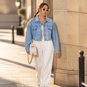 Giacca di jeans cropped da donna lavaggio chiaro con orlo sfrangiato, effetto distressed, stile streetwear casual, vestibilità ampia con spalle scese - Product Image 1