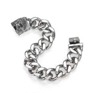 カスタムメイド、色褪せないシルバーメタルカラーメッキ、パンクスタイルステンレススチール、光沢のあるキューバンチェーン、ライオンヘッドバックル付きメンズブレスレット - Product Image 1