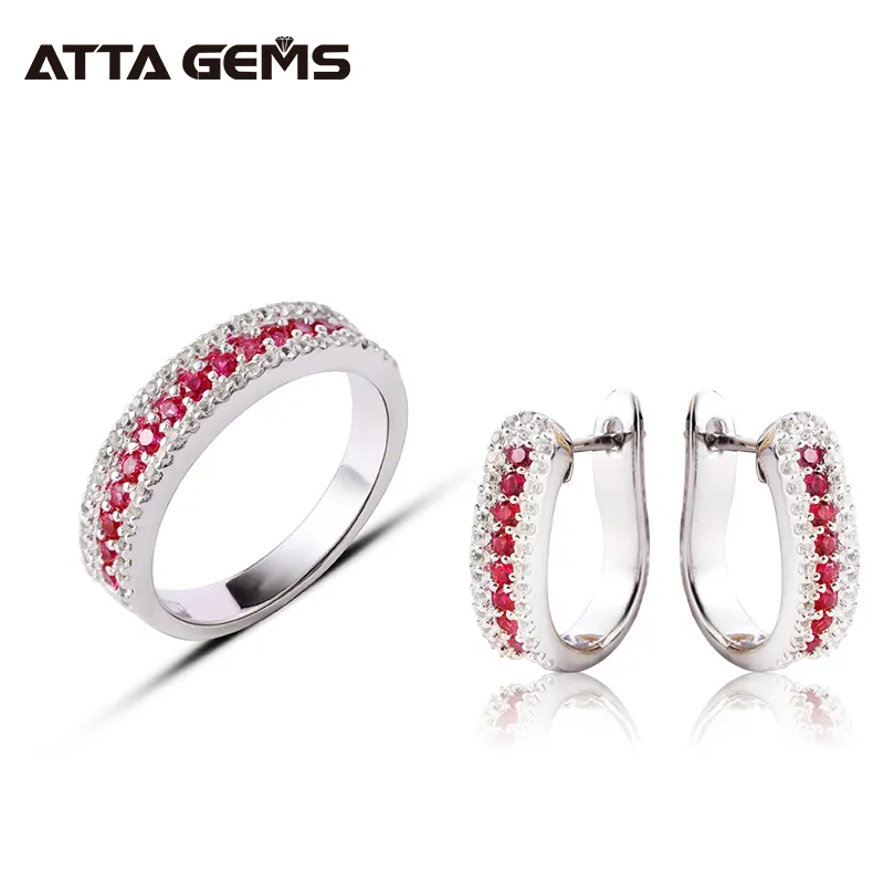 Ruby Set Perhiasan Batu Permata, Cincin 925 Perak Murni Tiga Buah Ruby untuk Wanita Pernikahan Pertunangan Rubi