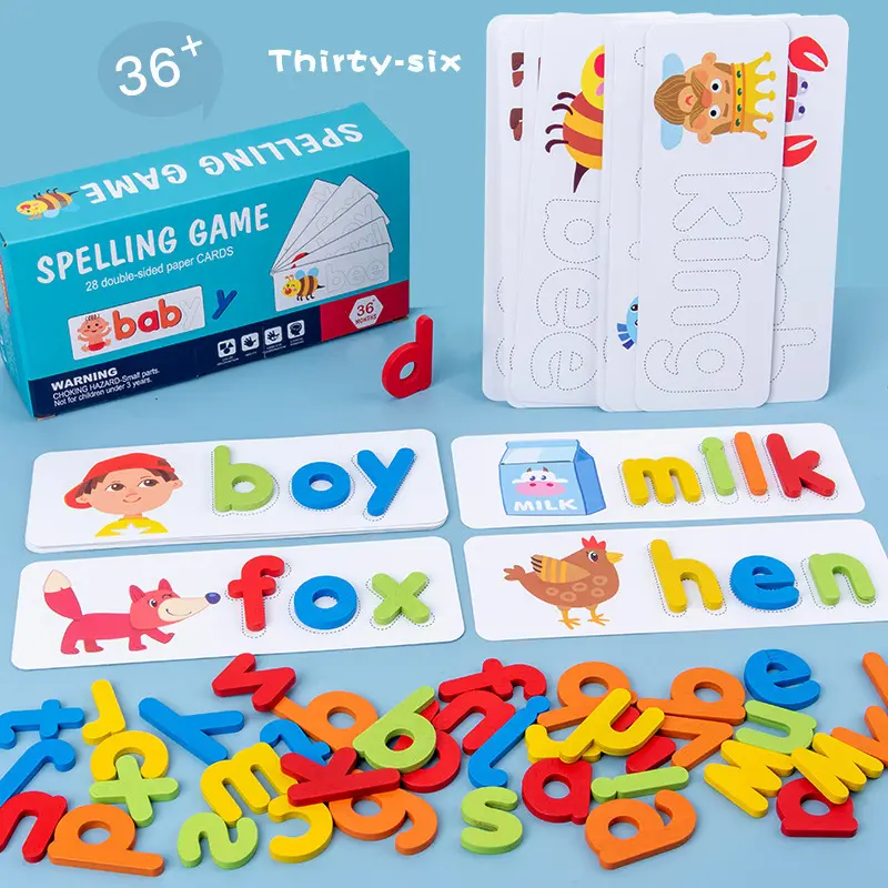 Early Educational kid learning toy wooden block puzzle alphabet cognition spelling game with flash cards CPC