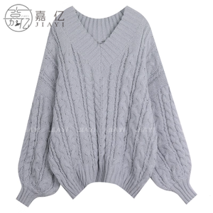 <span class=keywords><strong>Pull</strong></span> d'hiver décontracté pour femme avec design de câble à col en V Nouveau <span class=keywords><strong>pull</strong></span> tricoté en cachemire ample Logo avant - Product Image 2