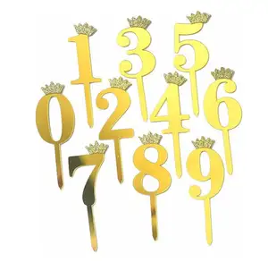 Acrylic Numbers 0-9 Crown Cake Topper Shiny Wedding Anniversary Party Decorations DIY Cupcake Supplies Gold Silver