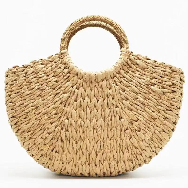 Bolsa de palha natural para praia, bolsa boêmia feminina feita em palha trançada e com alça redonda