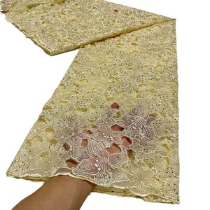 Vestido de novia francés Tela Cuentas bordadas Diamante Soluble en agua Tela de encaje Guipur nupcial Piedras de organza - Product Image 3