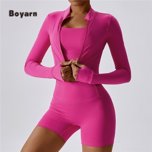 Boyarn Solid 5-Piece Yoga Sports Set Quick Dry Tight Running Fitness Shock-proof <b>Women</b> Outdoor Gym Wear - Product Image 2