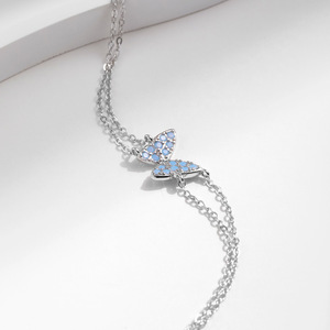 S925 Silver Butterfly Shape Chain <b>Bracelet</b> With Blue Crystal Inlay Rhodium Plated Cute Everyday Wear Women's Jewelry - Product Image 4