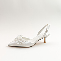 Chaussures de mariée à talons aiguilles en satin ivoire avec fleurs 3D et perles, bout pointu, bride arrière, pour femmes grandes tailles 33-43