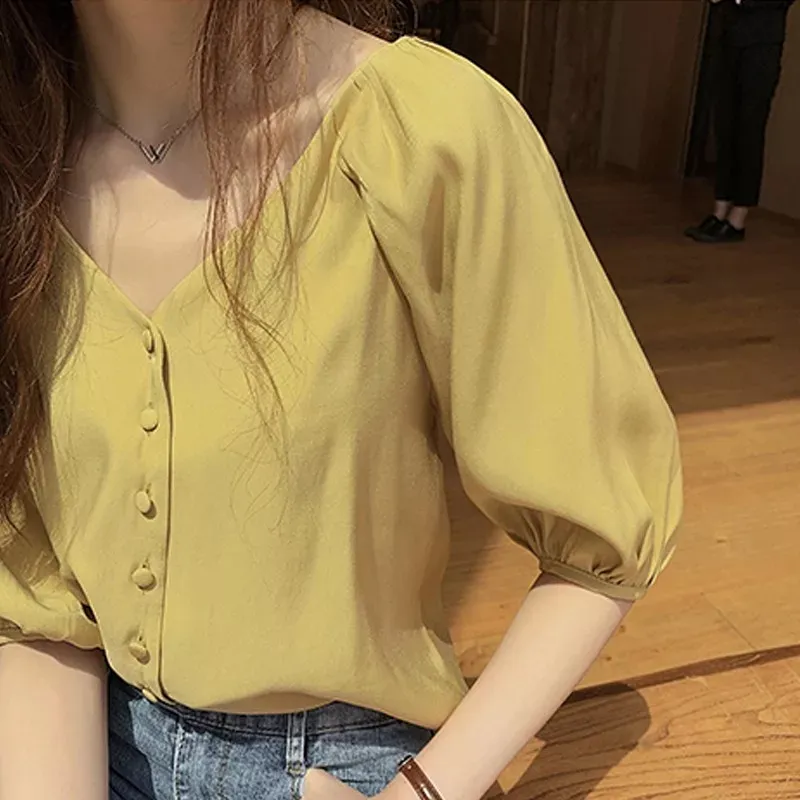 Musim Panas Atasan Wanita Blus Seksi Puff Sleeve Blus Kaos Wanita Ruffle Top Streetwear Korea V Leher Solid Kemeja Longgar Kasual