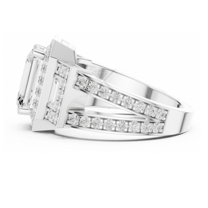 Bague de fiançailles Art Déco en or jaune, taille émeraude, avec halo géométrique de diamants, anneau à double sangle, bijoux de mariée élégants et luxueux - Product Image 4