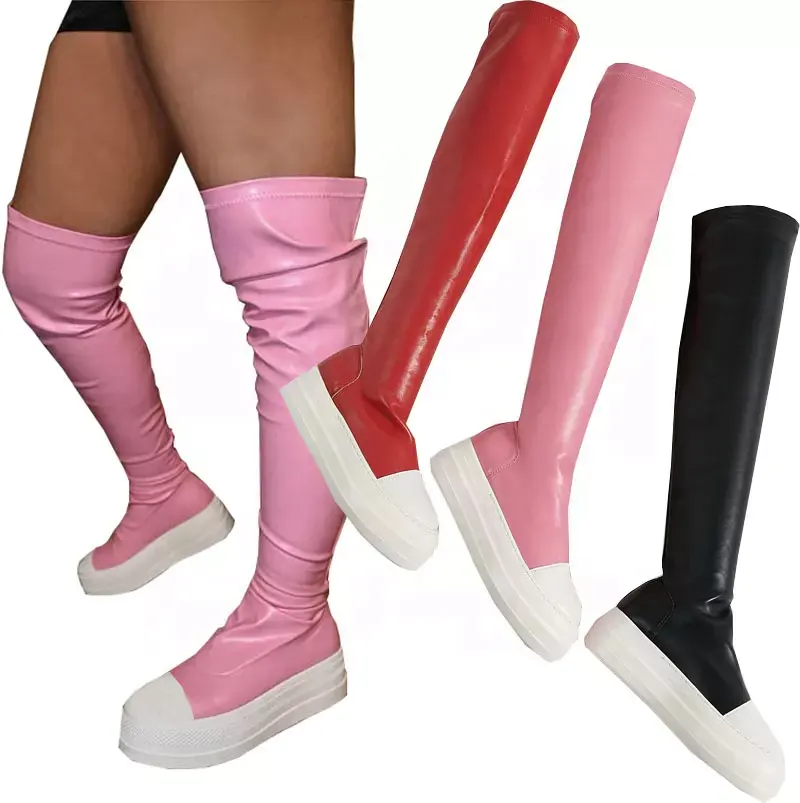 Winter Thigh High Boots Flat Mid Long Tube High Over The Knee Platform Thick Soled Leather Boots Women Shoes