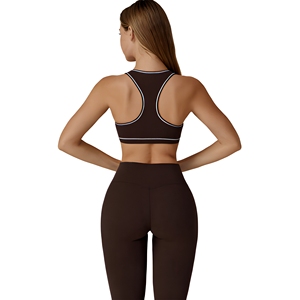 Ensemble de yoga 2 pièces pour femme, marron foncé uni, legging taille haute et brassière de sport dos nageur, avec bordure contrastante, sans couture, tenue de sport - Product Image 4