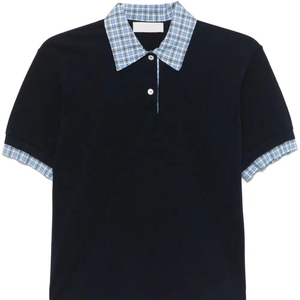 เสื้อโปโลแขนสั้นคอปกผ้าลายสก็อตสีน้ำเงินกรมท่าสำหรับผู้หญิง ยี่ห้อ Leduo แบบสั่งทำพิเศษ  ผ้าถักแบบลำลอง แต่งขอบลายตาราง เหมาะสำหรับใส่ในชีวิตประจำวัน - Product Image 1