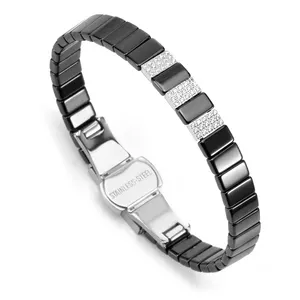 Gelang Manset Keramik Hitam Mewah, Gelang Stainless Steel Keramik dengan Gelang Zirkon Berkilau